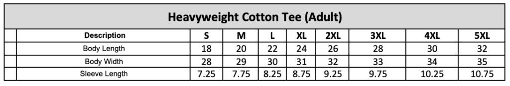 Gildan Adult Tee Size Chart