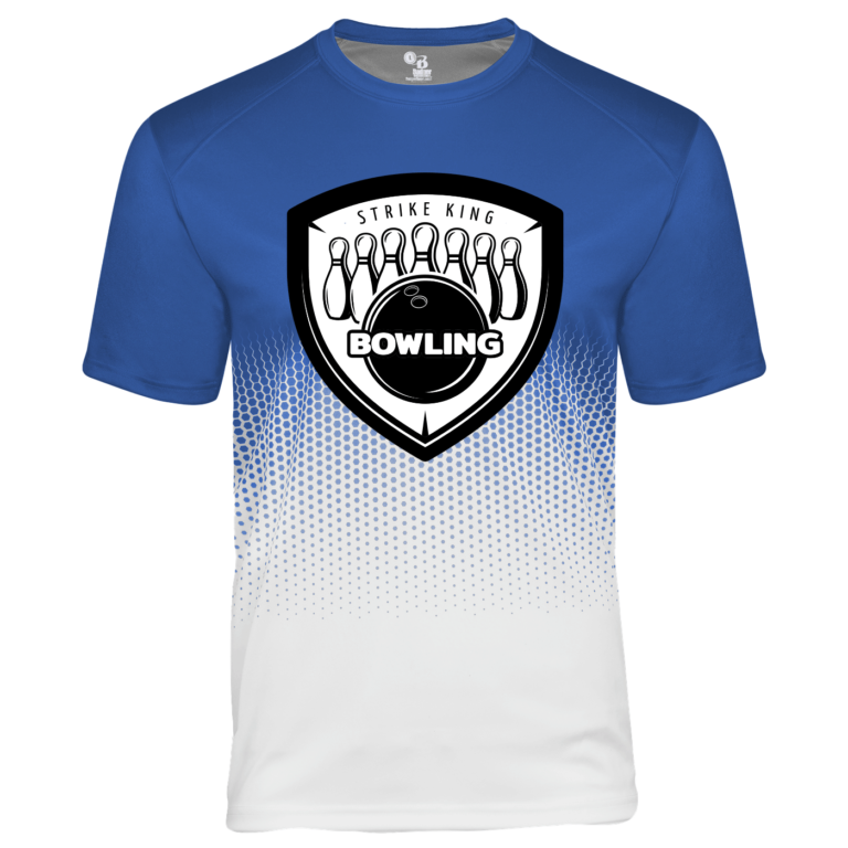 Blue and White Ombre T-Shirt with Bowling Logo