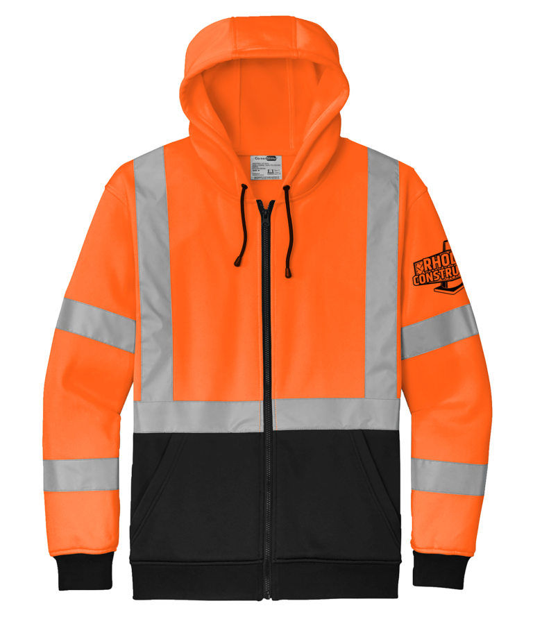 ANSI 2 and ANSI 3 hoodie with zipper orange top and black bottom with reflective strips