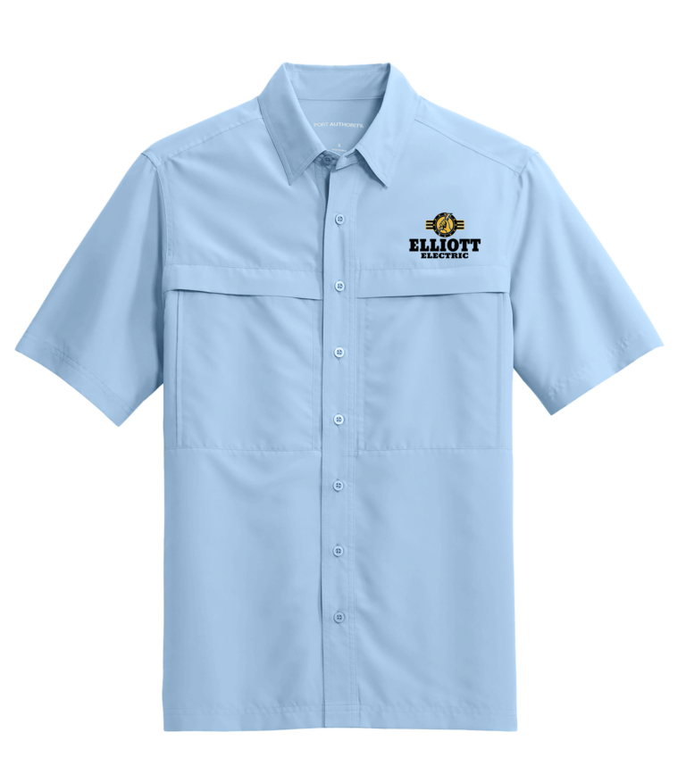 Light blue button up polo with two front chest pockets