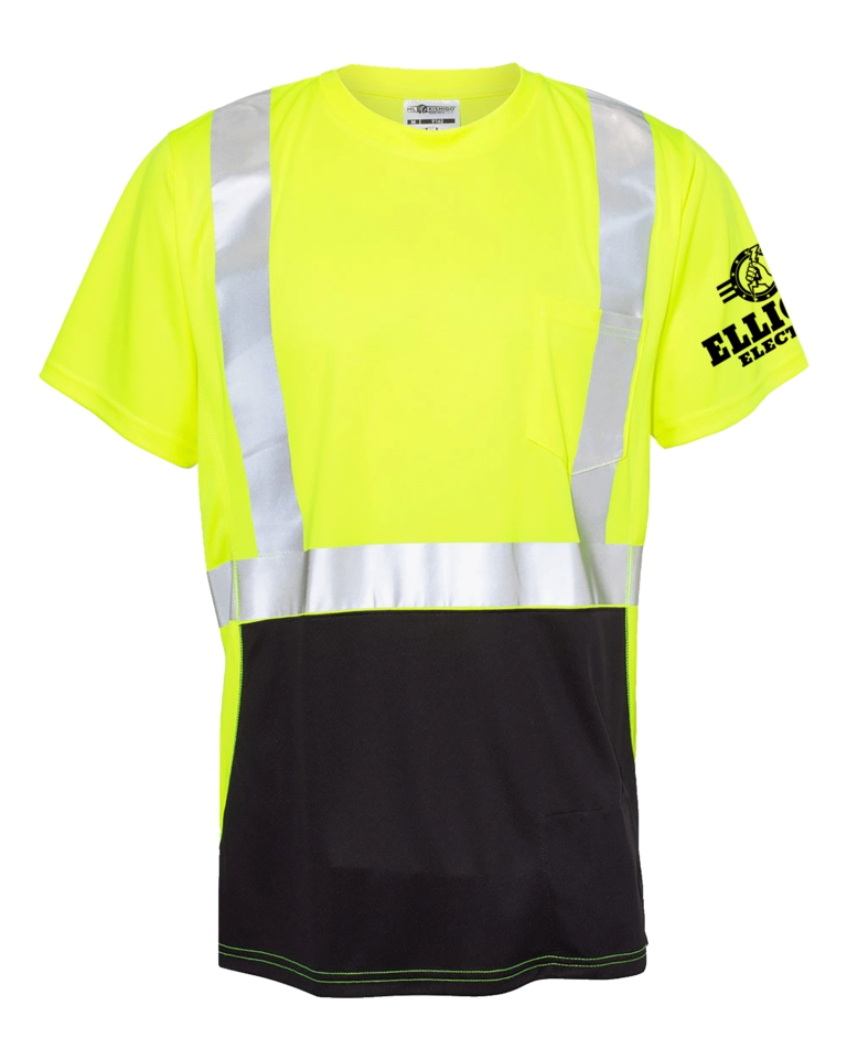 High Vis tee with yellow top and black bottom with reflective strips