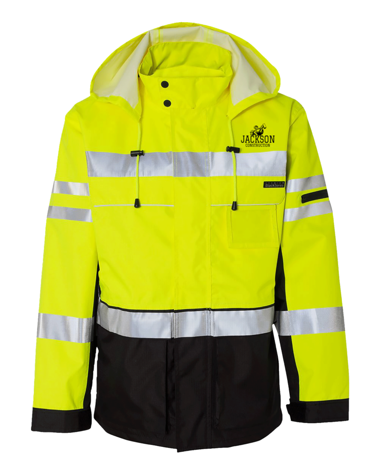 Hooded jacket with yellow top half and black bottom half with reflective strips