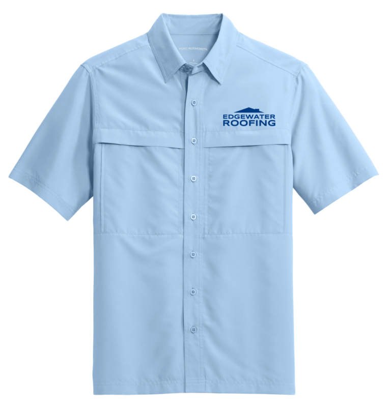Light blue short sleeved button down work shirt from Port Authority