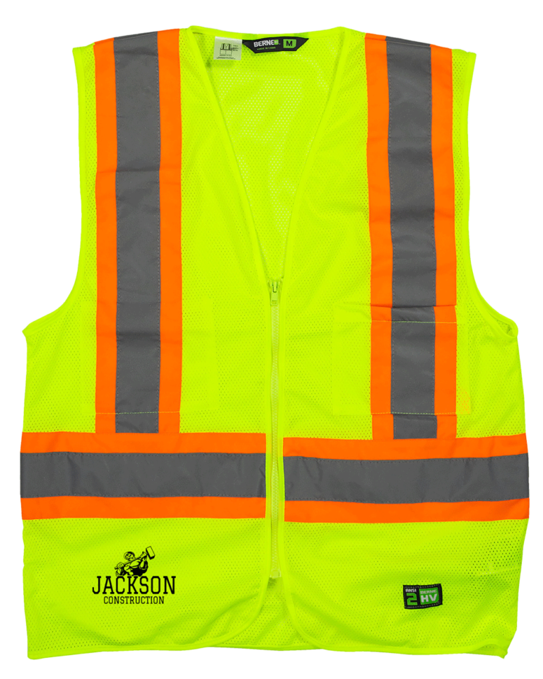 High Visability vest yellow with reflective stripes outlined in orange from Berne