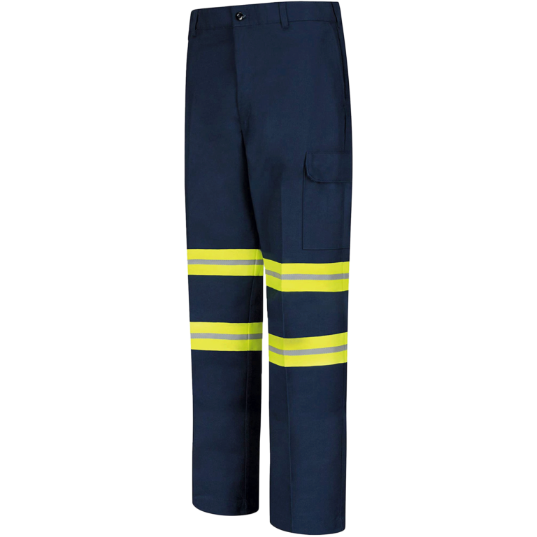 Red Kap navy pants with yellow stripes around the knees and reflective strips in the middle