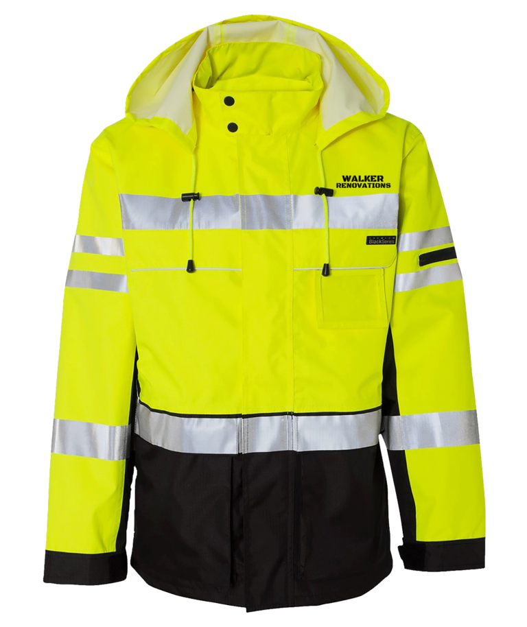 Yellow hooded zip up jacket from Kishigo with top half yellow and bottom half black with reflective strips