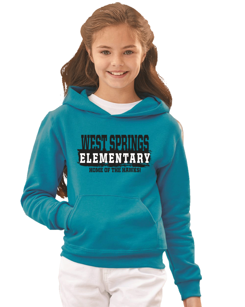 Young girl wearing teal youth Jerzees sweatshirt