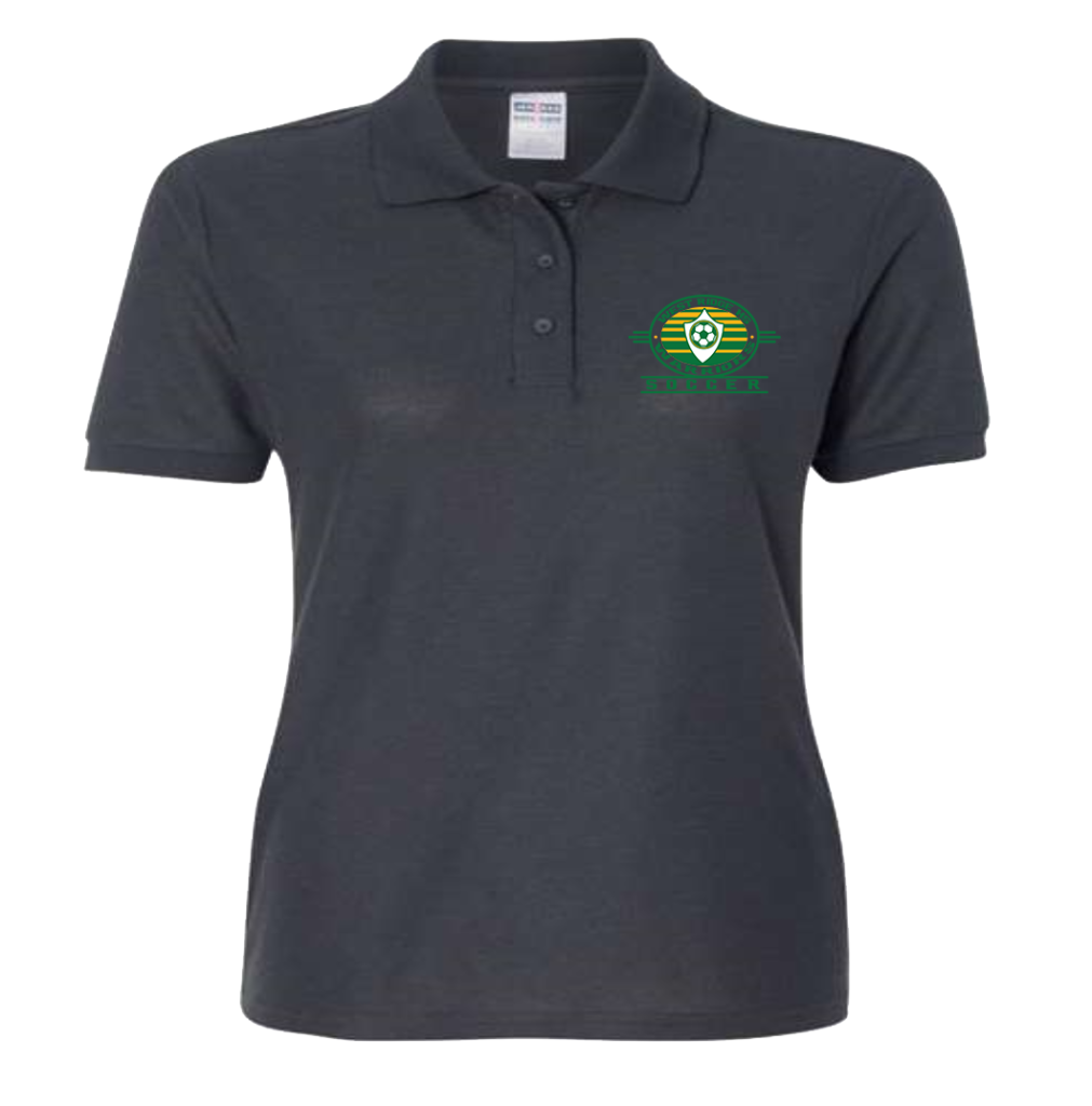 JERZEES - Women's Easy Care Piqué Polo Charcoal colored with soccer logo